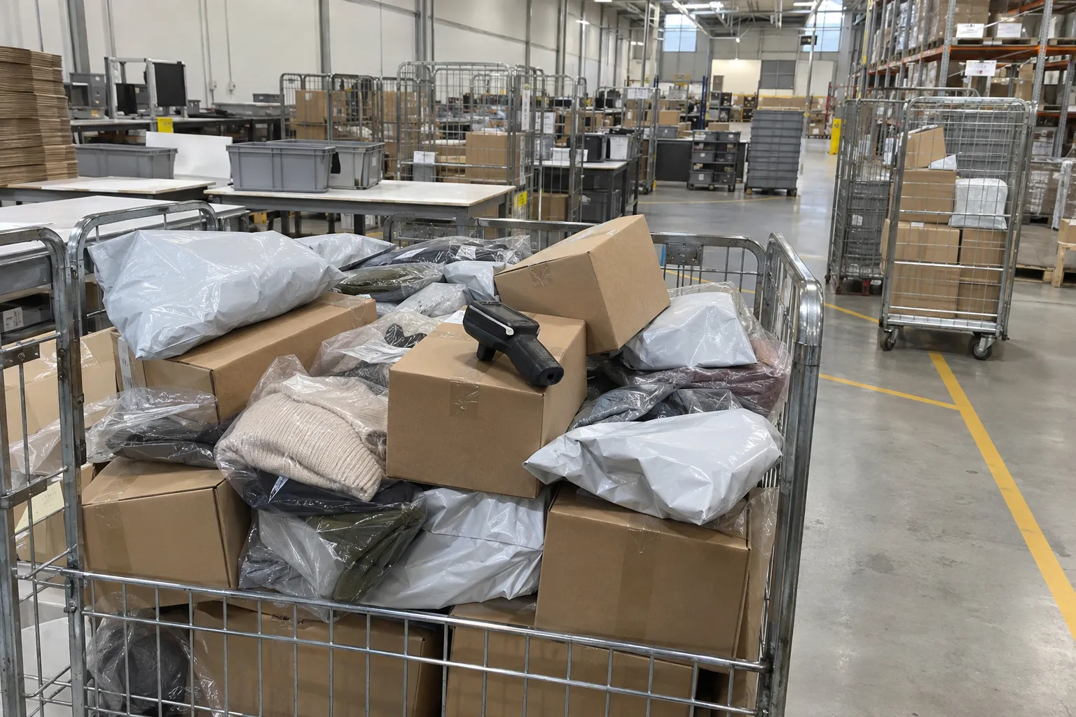 A cage trolley of returned parcels at a warehouse goods-in area