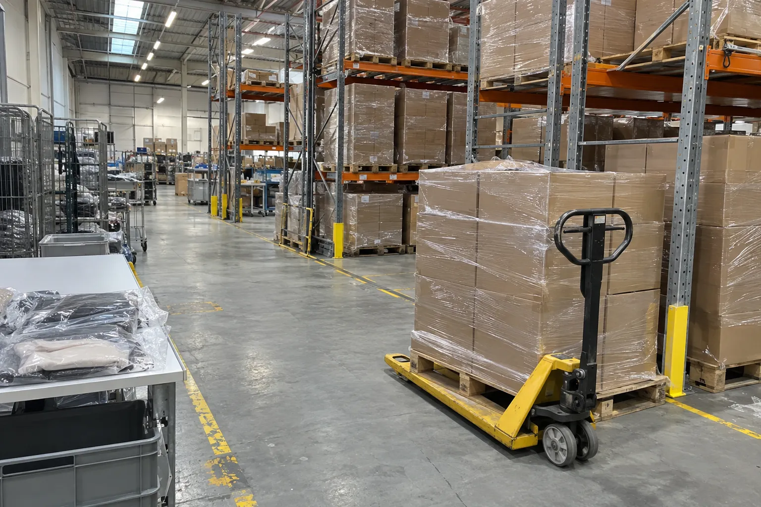 Shrink-wrapped pallets of cartons in a warehouse aisle