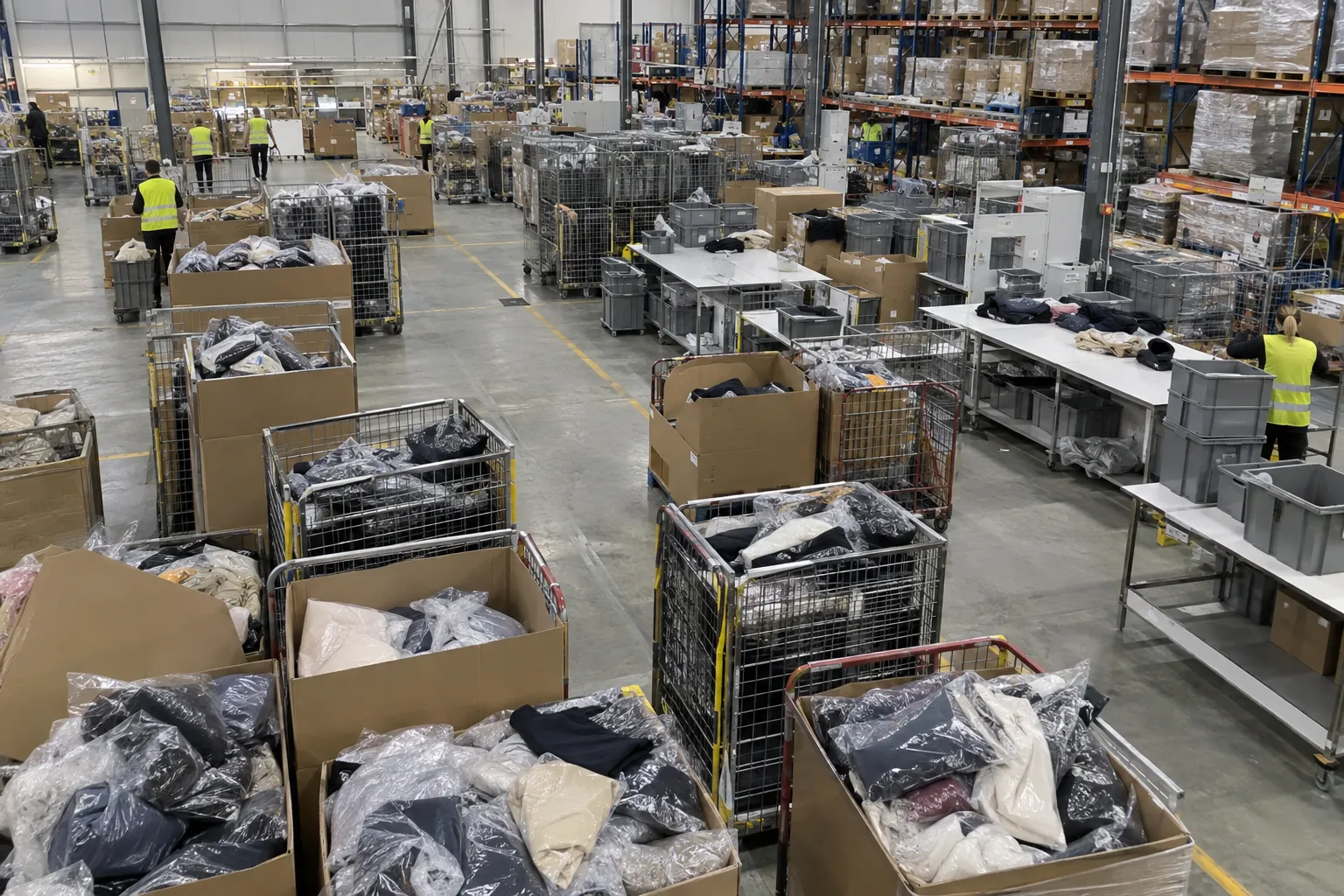 A busy returns hall with cage trolleys and boxes of returned garments