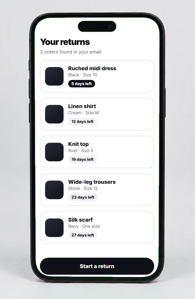 A phone showing the reitrn shopper app with orders and return deadlines