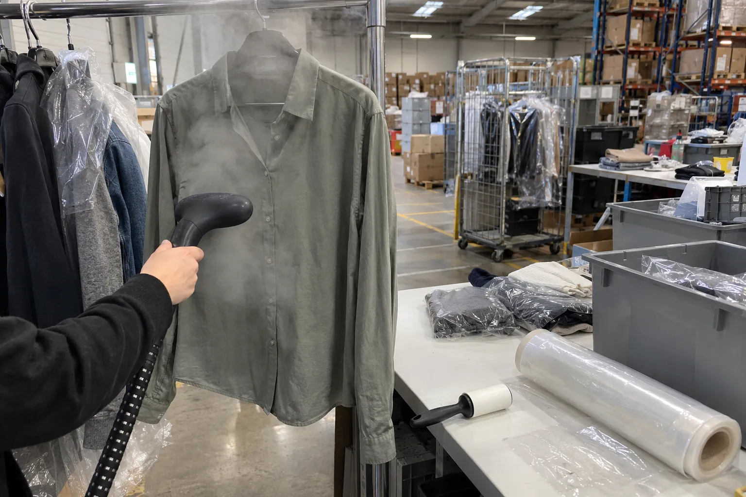 A garment being steamed at a recovery bench